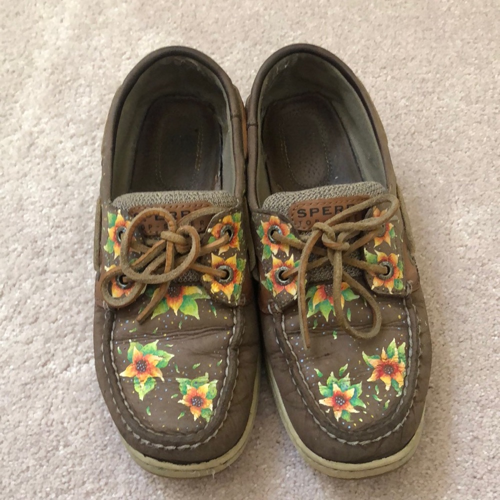 Well loved Sperry Boat Shoes with with hand painted sun flowers.